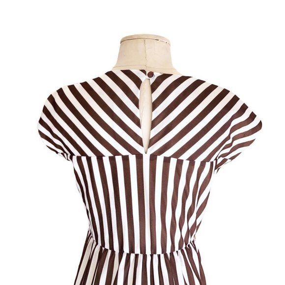 VTG 1970s Sheer Boho Prairie Brown & White Striped Union Made Ruffle Dress Small - Picture 3 of 9